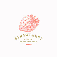 Wall Mural - strawberry confectionary abstract vector sign, symbol or logo template. hand drawn confectionery ber