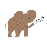Fototapeta Zwierzęta - Cartoon elephant makes sounds with its trunk. Childish tee shirt design.