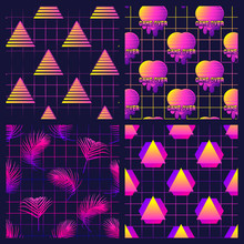 Set Of Seamless Patterns With Geometric Shapes And Palm Leaves. Vaporwave, Retrowave Aesthetics. Futuristic Digital Wallpapers.