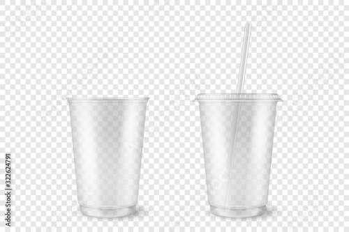 Cuadros en Lienzo Vector Realistic 3d Empty Clear Plastic Opened, Closed Disposable Cup with Straw Set Closeup Isolated on Transparent Background