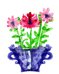 A blue pot with pink flowers is drawn in watercolor on a white background. Isolated object