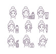© Backwoodsdesign - Skin care black line icons set. Woman face with a different facial procedures: leansing, toning, moisturizing. Pictogram for web page, mobile app, promo. UI UX GUI design element. Editable stroke.
