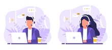 Customer Service, Operator Set Man And Woman Sitting At Table With A Laptop, With Headphones And A Microphone, Around Icons Support Elements, Coffee And Flowers . Flat Style Vector Illustration.