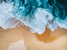 Blue Ocean Waves Aerial Drone Shot On Sandy Beach