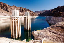 Intake Towers For The Hoover Dam Hydro Electric Power Station, Lake Mead, Nevada, USA. The Lake Is At Exceptionally Low Levels Following The Four Year Long Drought.