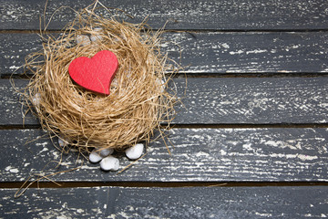 Heart set in a warm straw nest, concept.