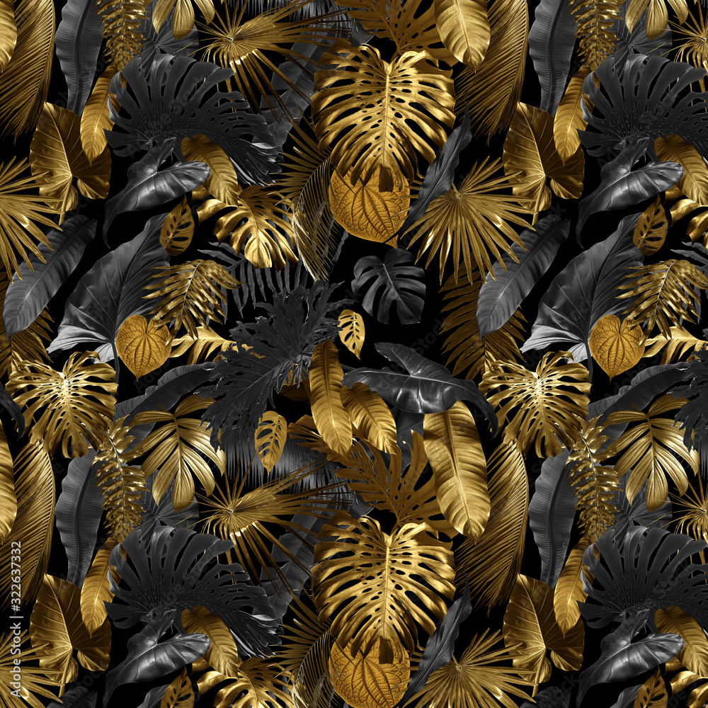 Seamless pattern with tropical leaves in gold color and black, can be used as background wallpaper - obrazy, fototapety, plakaty 