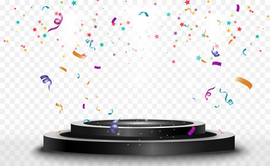 Poster - Lots of colorful tiny confetti and ribbons on transparent background. Festive event and party. Multicolor background. Colorful bright confetti isolated on the podium.