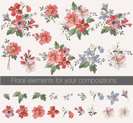 Wall Mural - Vector floral set with leaves and flowers. Elements for your compositions, greeting cards or wedding invitations. Roses and leaves