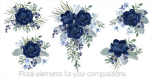 Vector Floral Set With Leaves And Flowers. Elements For Your Compositions, Greeting Cards Or Wedding Invitations. Blue Anemones