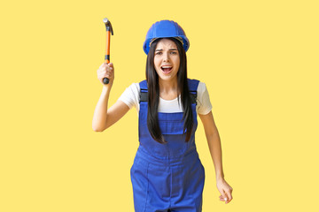 Sticker - Female worker against color background. Concept of feminism