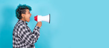 African American Girl Or Woman With Megaphone Isolated On Blue Background