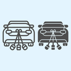 Poster - Just married car line and solid icon. Romantic vehicle and decoration with jars and cans. Wedding asset vector design concept, outline style pictogram on white background, use for web and app. Eps 10.