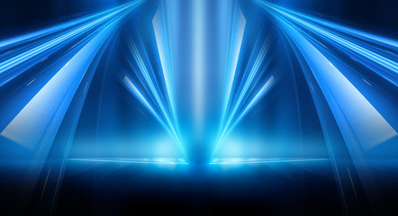 Wall Mural - Dark background with lines and spotlights, neon light, night view. Abstract blue background. Blue dark empty scene.