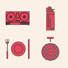 Sticker - Set Disco ball , DJ remote for playing and mixing music , Lighter and Plate, fork and knife icon. Vector