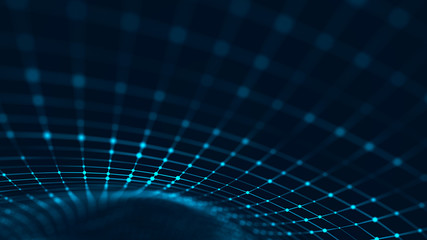Leinwandbilder - Futuristic abstract mesh. Wave with the connection of luminous points and lines. 3D rendering.