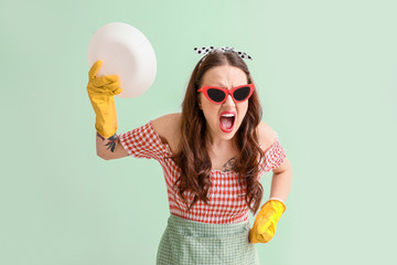 Poster - Funny housewife on color background