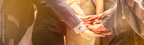 Fotomural Creative team meeting hands together synergy brainstorm business man woman, asian people teamwork acquisition, business people concept
