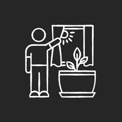 Sticker - Providing sunlight for plant chalk white icon on black background. Plant growing, planting process. Indoor gardening. Exposing domestic plants to natural light. Isolated vector chalkboard illustration