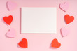 Valentine hearts with shadow, blank sheet of paper, template for design on pink surface