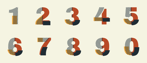 Vector Constructivism Abstract Number Set - digits 1, 2, 3, 4, 5, 6, 7, 8, 9, 0 with geometric composition. Unique collection for wedding invites, flyers, banners, posters, magazines, conceptual ideas