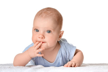 Wall Mural - Portrait of cute little baby on white background