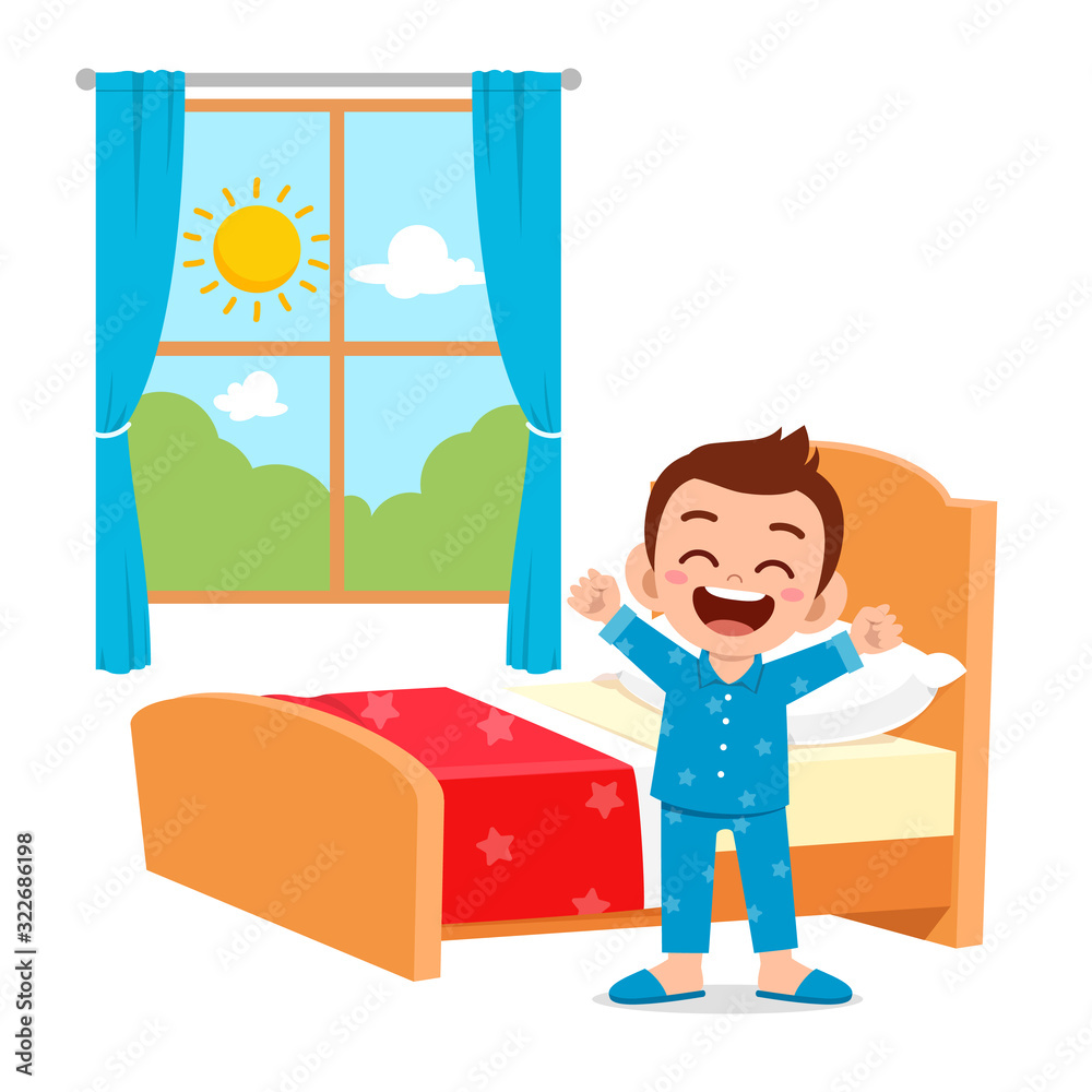 happy cute little kid boy wake up in the morning Stock Vector | Adobe Stock