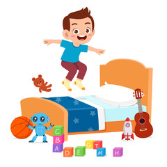 Poster - happy cute little kid boy jump on bed