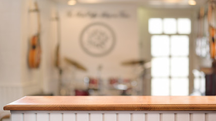 Close up view of interior music shop and wooden counter