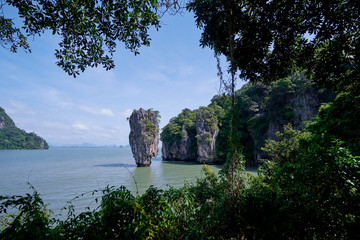 Travel by Thailand. Amazing scenery natural landscape of James Bond island Phang-Nga bay, Water tours of Phuket, Famous landmark and famous travel destination of Asia, Summer holiday vacation trip.