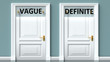 © GoodIdeas - Vague and definite as a choice - pictured as words Vague, definite on doors to show that Vague and definite are opposite options while making decision, 3d illustration