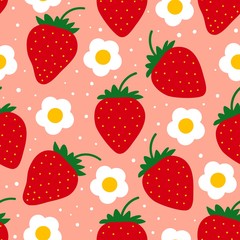 Wall Mural - Strawberry pattern. Seamless repeated fruit design. Red berry background. Flat cartoon style. Great for kitchen, tablewear, fabric, textile. Vector