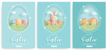 Easter Card With Cute Bunny And Chicken In Paper Cut Style. Vector Illustration
