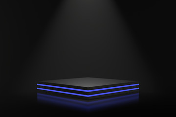 Wall Mural - Product stand design with blue lighting. 3D rendering.