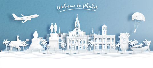 Fototapete - Welcome to Phuket, Thailand with view of city skyline in travel concept for tour, travel advertising. Vector illustration.