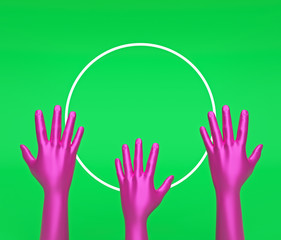 Poster - minimal cartoon style pink hands and a round frame isolated on green background. abstract fashion concept. 3d rendering