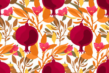 Art Floral Vector Seamless Pattern. Maroon Fruit Pomegranates With Pink Flowers, Orange Branches And Leaves Isolated On White Background. Tile Pattern For Wallpaper, Fabric, Textile, Paper.