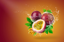 Water Splashing Of Passion Fruit On Red Background