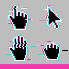 Leinwandbilder - Black pixel glitch mouse hand and arrow cursor icon sign set flat style design vector illustration isolated on white background