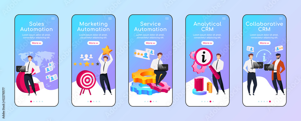 CRM types and advantages onboarding mobile app screen flat vector ...