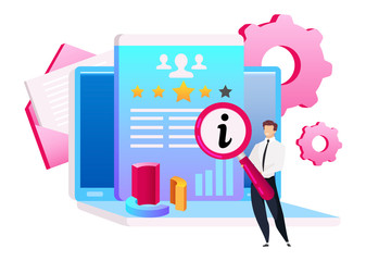 Poster - Smiling man with magnifying glass flat concept vector illustration. Analytical CRM 2D cartoon character for web design. Letter and cogwheels. Data analyzing. Laptop with diagram creative idea