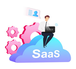 Poster - Cloud based CRM flat concept vector illustration. Man with laptop sitting on cumulus 2D cartoon characters for web design. Businessman in shirt, pants and necktie. SaaS creative idea