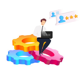Poster - Service automation flat concept vector illustration. Smiling man sitting on gears 2D cartoon character for web design. Guy in shirt and necktie. Businessman keeps laptop. CRM system creative idea