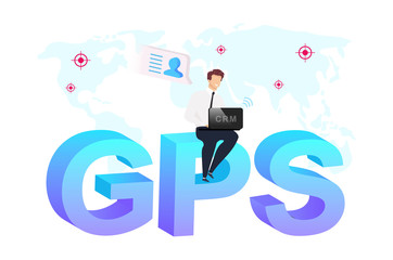 Poster - Geolocation technology flat concept vector illustration. Businessman sitting on word GPS 2D cartoon characters for web design. Geographic marketing campaigns. Location based services creative idea