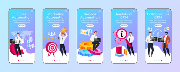 Poster - CRM types and advantages onboarding mobile app screen flat vector template. Sales automation. Walkthrough website steps with characters. UX, UI, GUI smartphone cartoon interface, case prints set