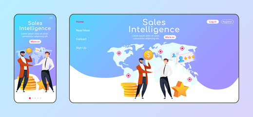 Poster - sales intelligence adaptive landing page flat color vector template. businessmen shake hands mobile 