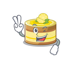 Sticker - mascot of funny lemon cake cartoon Character with two fingers