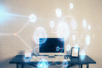 double exposure of desktop computer and technology theme hologram. concept of software development.
