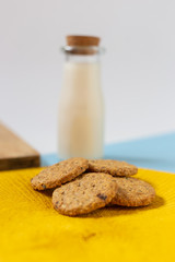 Chocolate cookies with milk. Nutritious and delicious breakfast