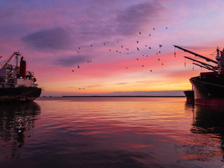 Wall Mural -  Beautiful apricot sky with clouds over the seaport with ships at sunset.